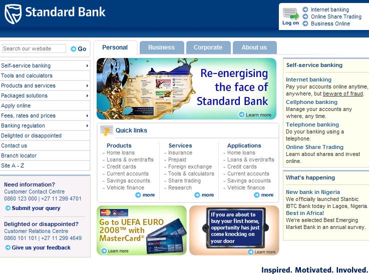 Standard Bank website screenshot on 6 April 2008