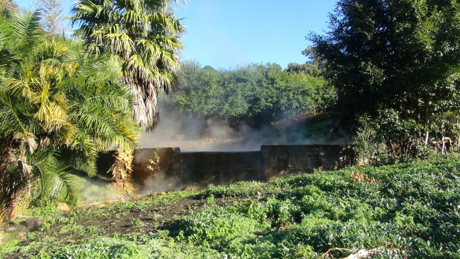 Water vapour rises off the old spring bath in Caledon