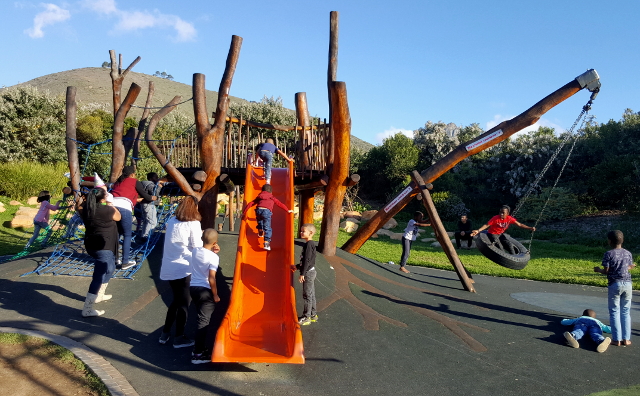 Children playing at Green Point Park on a slide and tyre swing
