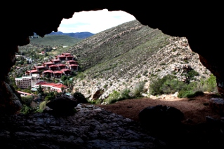 view of Avalon Srings hotel from inside the Montagu cave