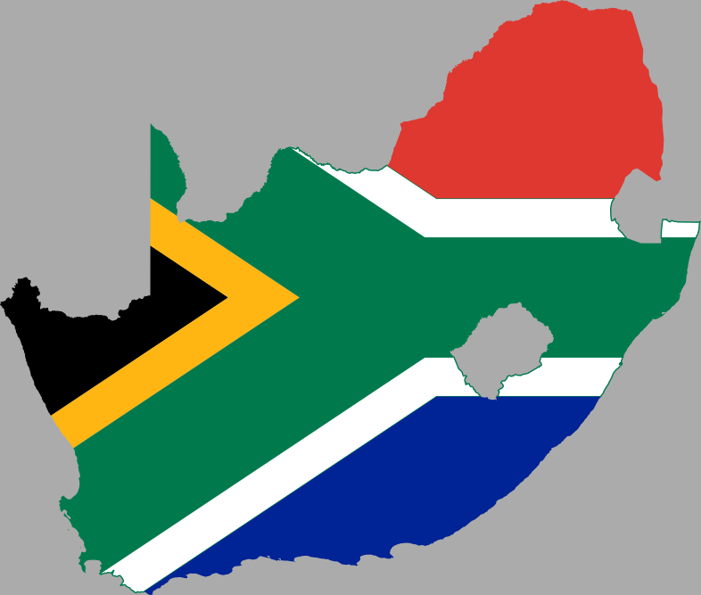 Flag map of South Africa with grey background covering the sea and neighbouring countries.