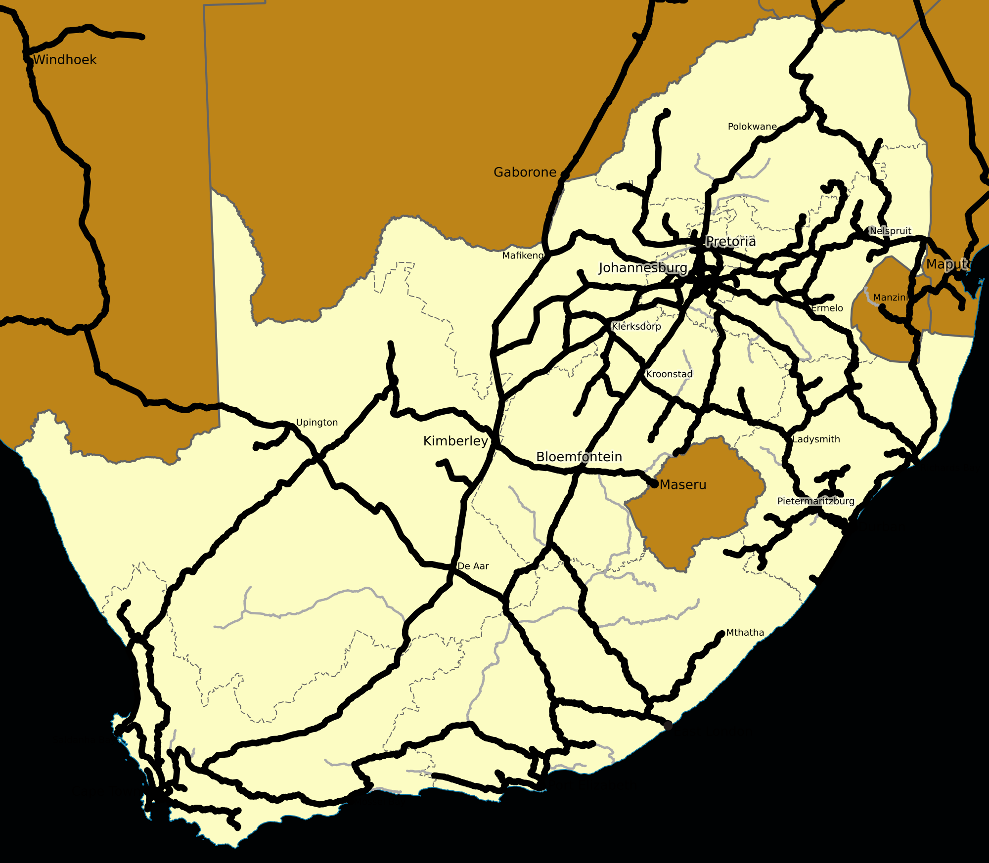 Map of South Africa's railway infrastructure