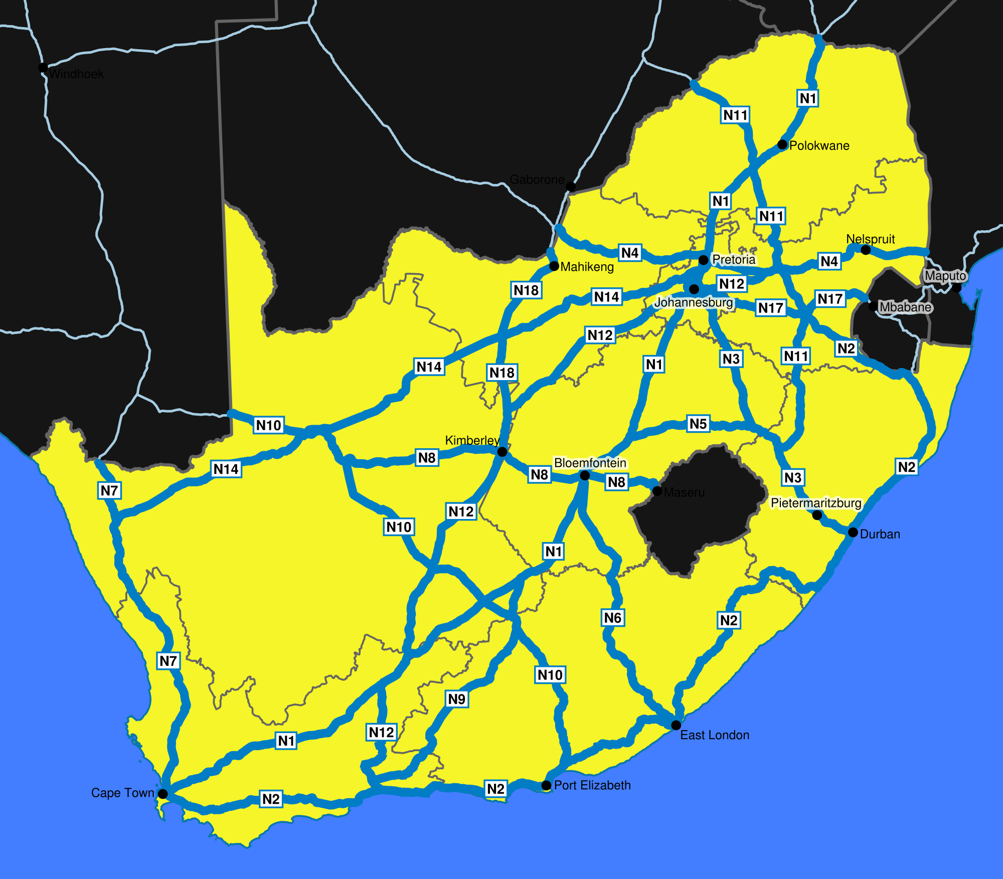 Map of South Africa with national roads - N1, N2, N3, N4, N5, N6, N7, N8, N10, N11, N12, N14, N17, and N18
