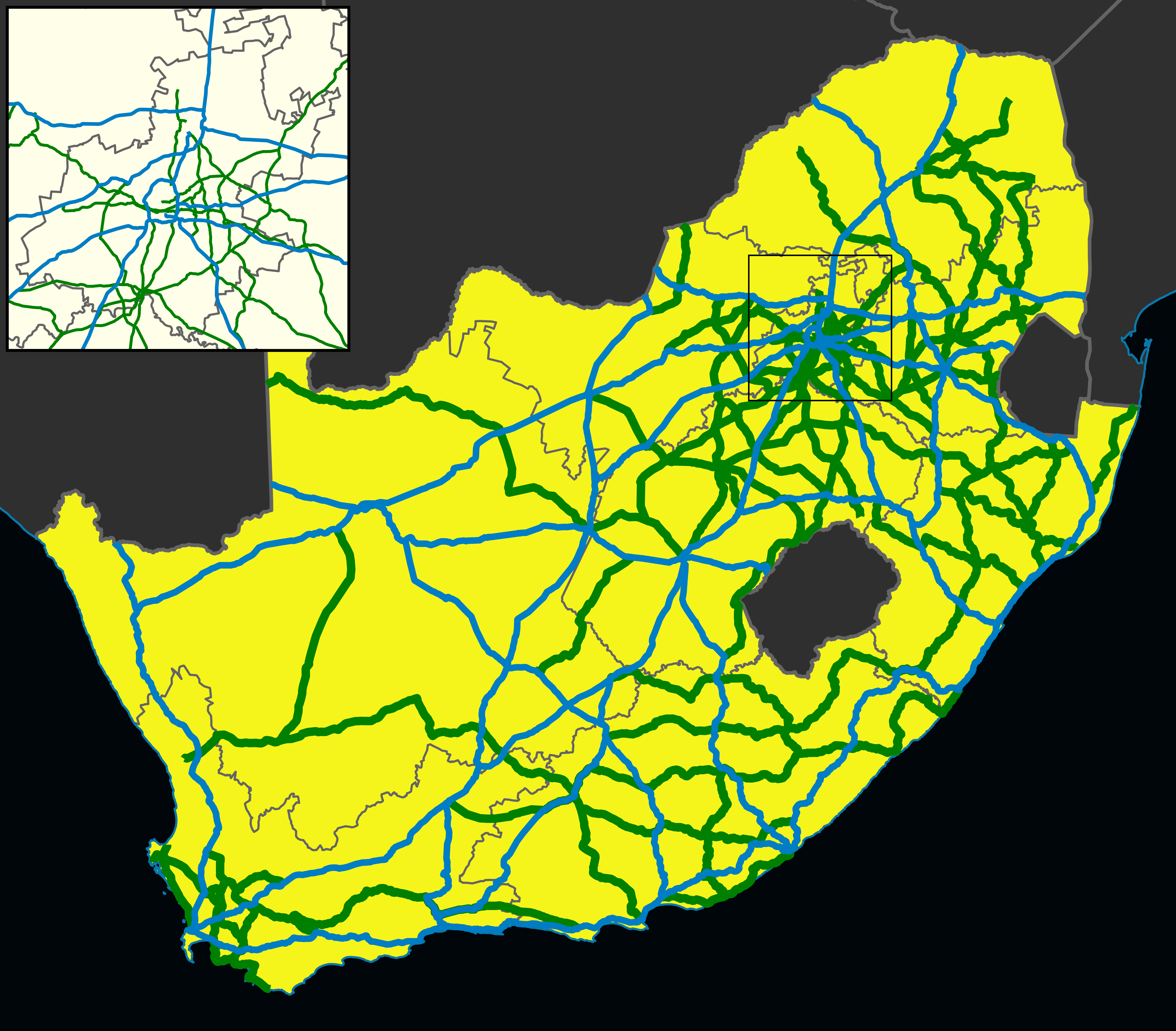 Map of the national and regional roads of South Africa