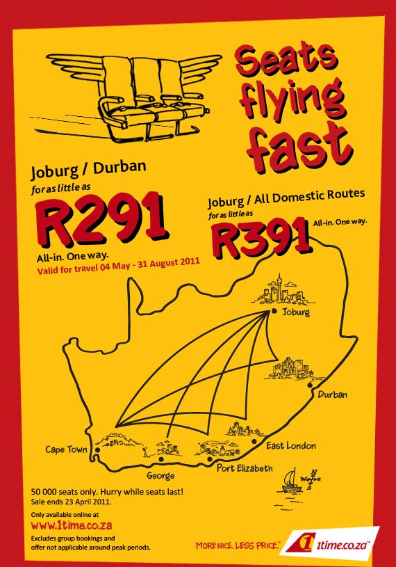 1time airline flying seats special