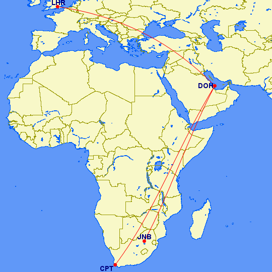 Johannesburg and Cape Town to London via Doha flights