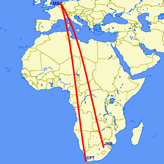 Flight path from Johannesburg, Cape Town to Amsterdam