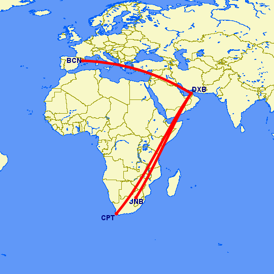 Flight path from Johannesburg, Cape Town to Barcelona