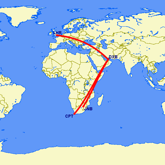 Flight path from Johannesburg, Cape Town to London