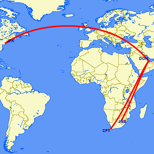 Flight path from Johannesburg, Cape Town to New York