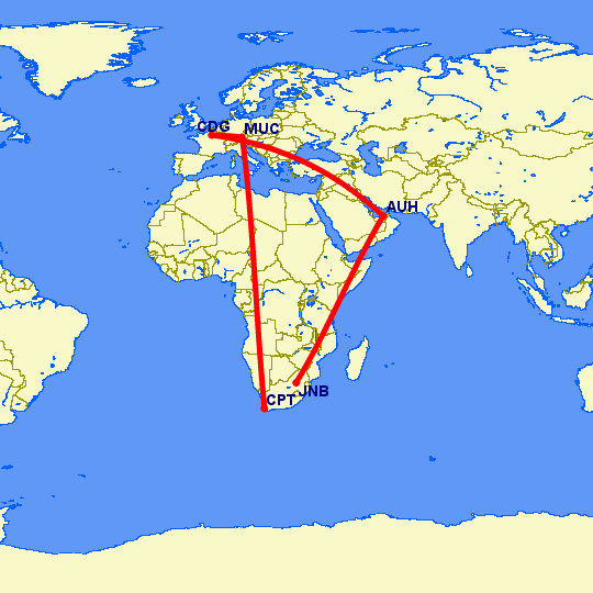 Flight path from Johannesburg, Cape Town to Paris