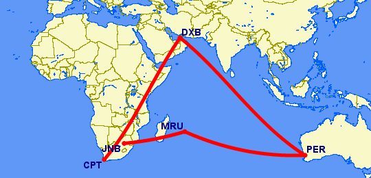 Flight path from Johannesburg, Cape Town to Perth