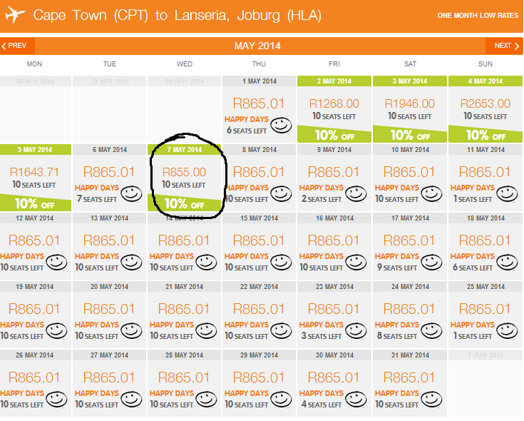 Mango Cape Town to Lanseria airfares with an Edgars card when there was a Mango happy day sale on the go