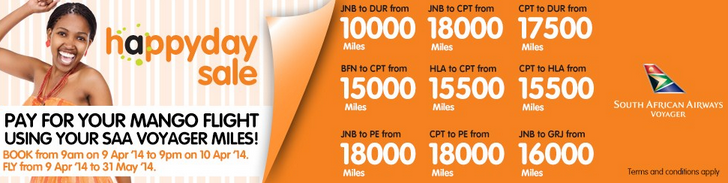 Mango Happy Day Sale - fares in Voyager Miles, for selected flights to end May 2014
