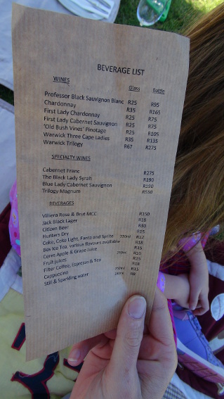 beverage list at Warwick Wine Estate, Stellenbosch