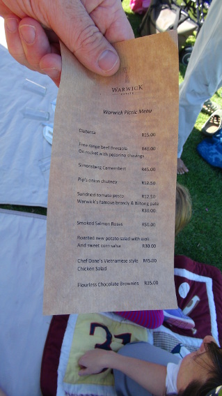 picnic menu at Warwick Wine Estate near Stellenbosch, Cape Town