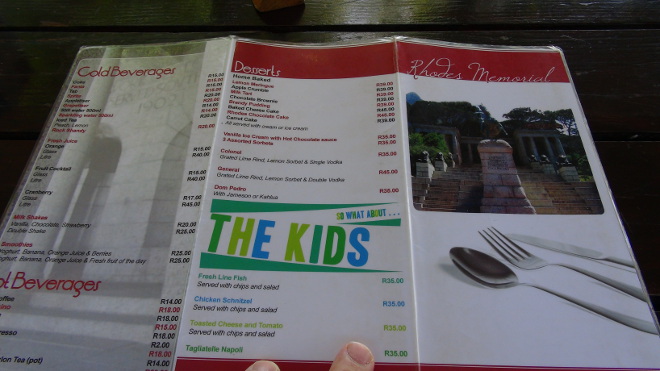 menu at the Rhodes memorial restuarant