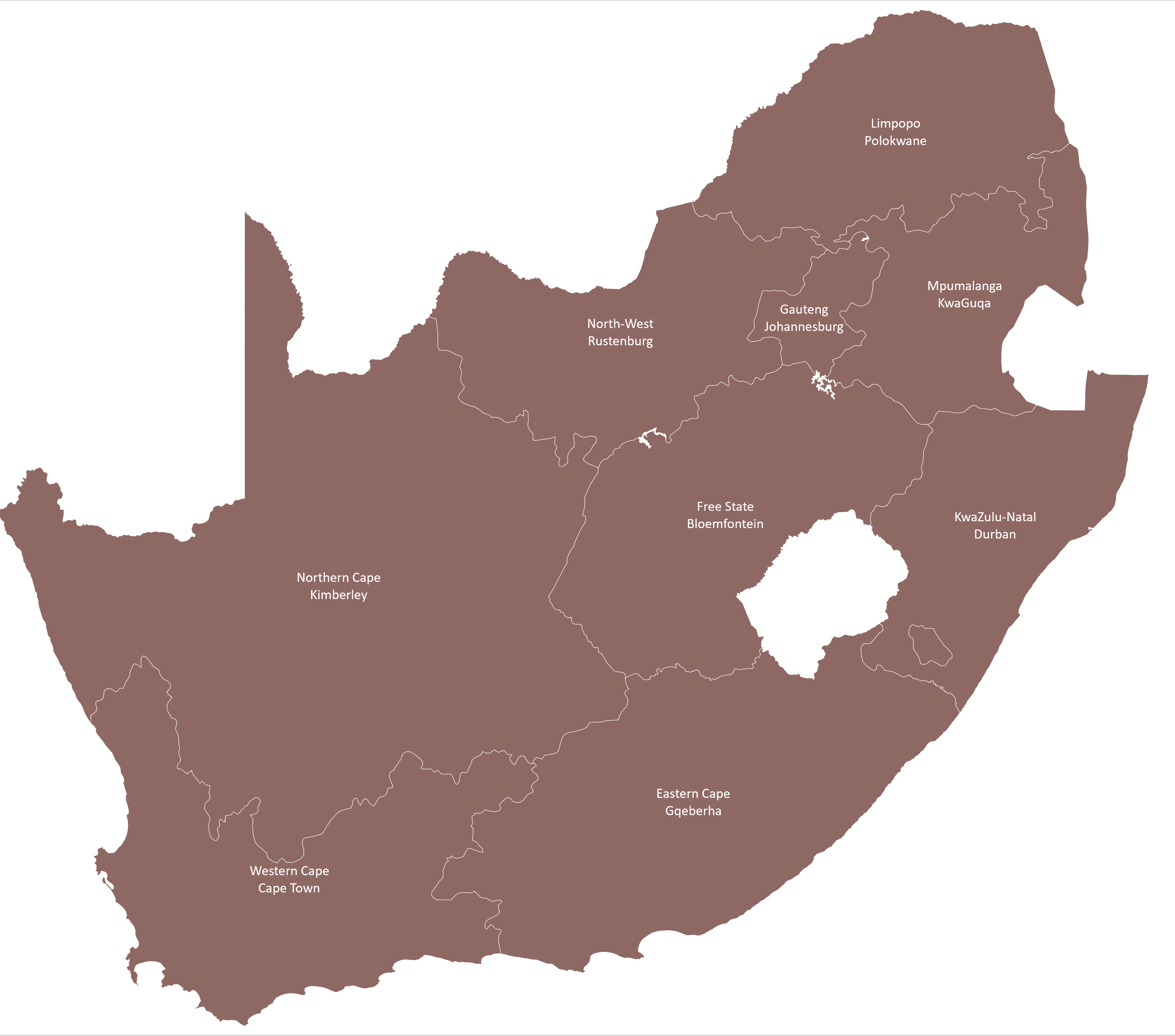 Map of South Africa with its provinces and their largest cities