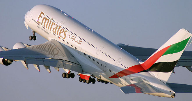 Emirates Airlines plane taking off.