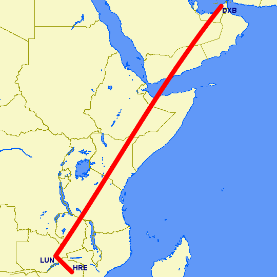 flight path from Harare to Lusaka to Dubai
