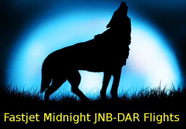 Fastjet's midnight flights from JNB to DAR depicted by a fox howling with a full moon in the background