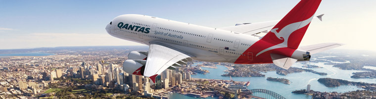Qantas A380 flying over Sydney, Australia