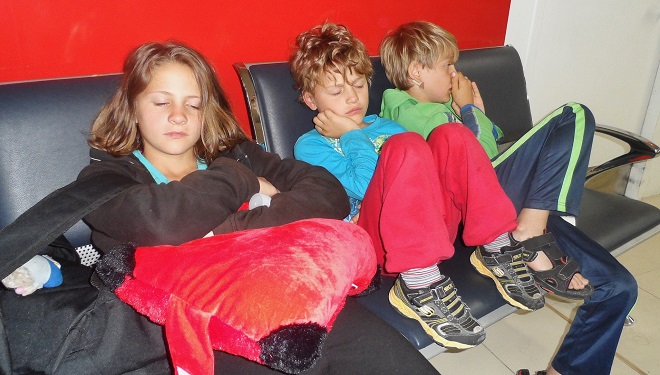 Sleeping at Perth Airport before an SAA flight to Johannesburg