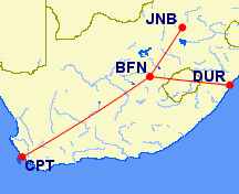 flights to Bloemfontein illustrated with flight paths