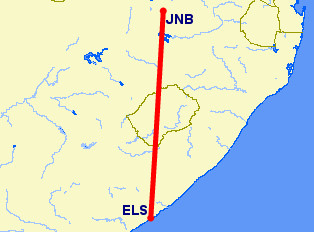 flight path from O.R. Tambo International Airport to East London Airport