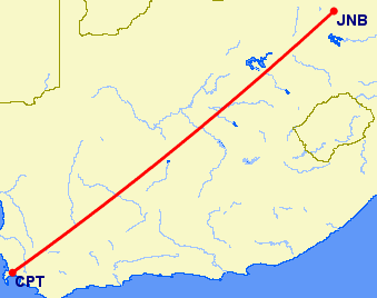 shortest flight path from Cape Town to OR Tambo International Airport (JNB)