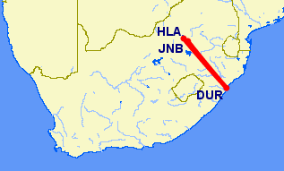 Shortest flight path from Durban to Johannesburg