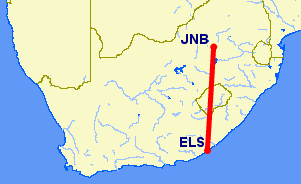 East London to Johannesburg flight path