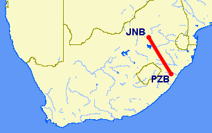 Johannesburg to Pietermaritzburg flight path