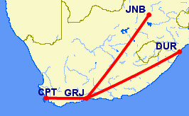 shortest flight paths to George from Cape Town, Johannesburg and Durban