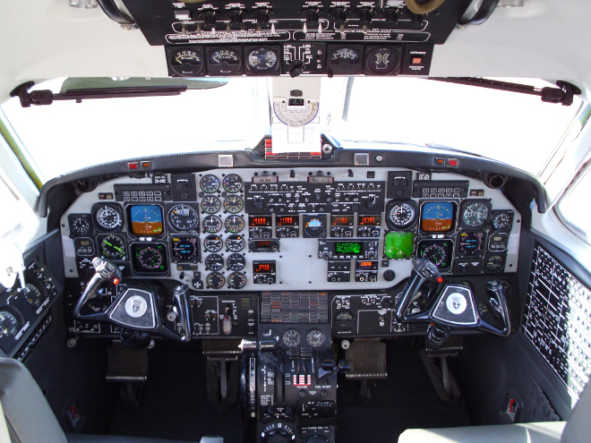 cockpit of a Fly 88 Beechcraft 1900D twin-prop