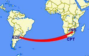 Direct flight routes from South Africa to Argentina