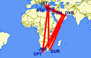 Flight routes from South Africa to Greece