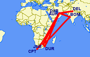 Flight routes from South Africa to India
