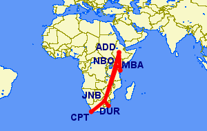 Flight routes from South Africa to Kenya