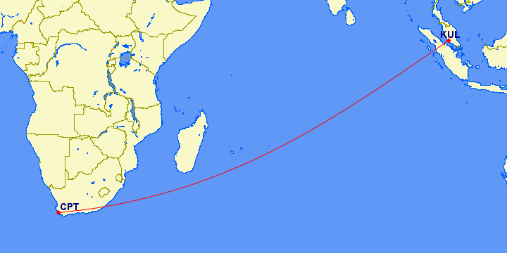 flight path from Cape Town to Kuala Lumpur