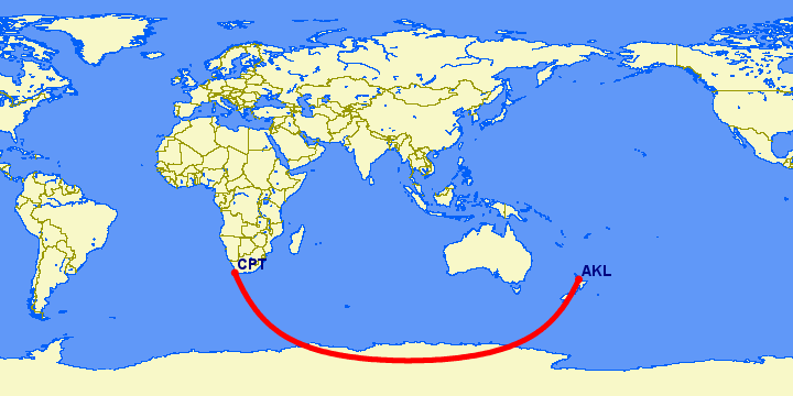 shortest flight path from Cape Town to Auckland, New Zealand