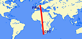 flight path from Cape Town to Frankfurt, Germany