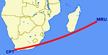 flight route from Cape Town to Mauritius