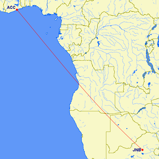 shortest flight route from Johannesburg to Accra