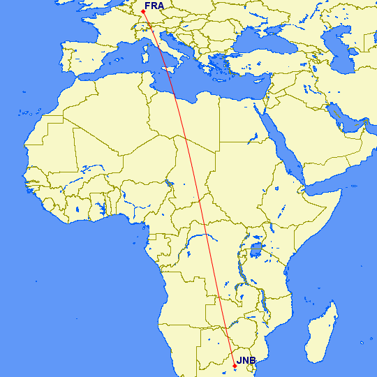 shortest flight path from Johannesburg to Frankfurt, Germany