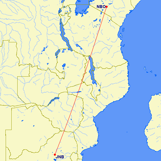 flight route from Johannesburg to Nairobi, Kenya