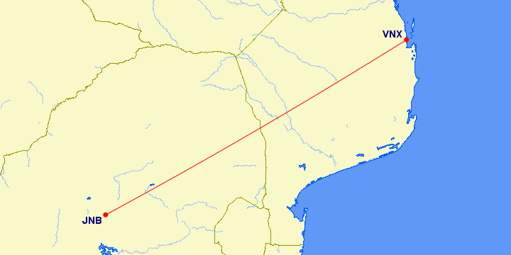 flight path from Johannesburg to Vilanculos, Mozambique