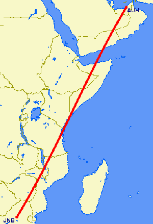 Flight path from Johannesburg to Abu Dhabi