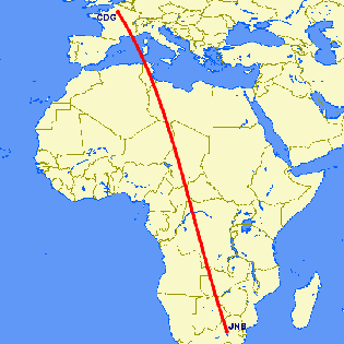 shortest flight path from Johannesburg to Paris