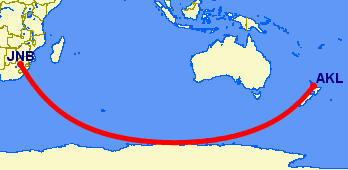 flight path from Johannesburg to Auckland